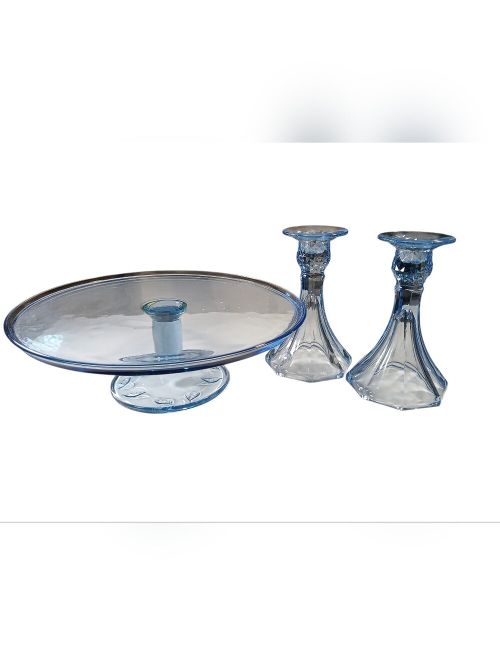 Blue Cake Plate & Candle Sticks Set